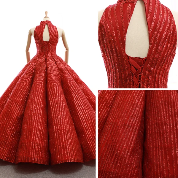 Luxury / Gorgeous Red Dancing Prom Dresses 2023 Ball Gown High Neck Sleeveless Glitter Polyester Floor-Length / Long Ruffle Backless Formal Dresses