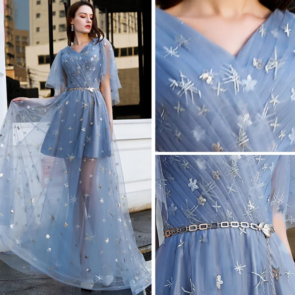 Abordable Bleu Ciel Robe De Soirée 2019 Princesse V-Cou Manches Courtes Appliques En Dentelle Métal Ceinture Longue Volants Dos Nu Robe De Ceremonie