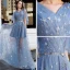 Abordable Bleu Ciel Robe De Soirée 2019 Princesse V-Cou Manches Courtes Appliques En Dentelle Métal Ceinture Longue Volants Dos Nu Robe De Ceremonie