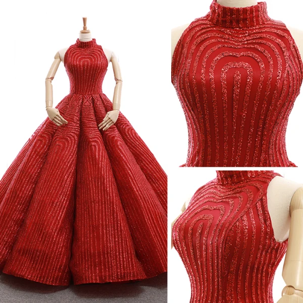 Luxury / Gorgeous Red Dancing Prom Dresses 2023 Ball Gown High Neck Sleeveless Glitter Polyester Floor-Length / Long Ruffle Backless Formal Dresses