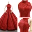 Luxury / Gorgeous Red Dancing Prom Dresses 2023 Ball Gown High Neck Sleeveless Glitter Polyester Floor-Length / Long Ruffle Backless Formal Dresses