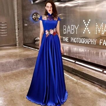 Affordable Chinese Style Royal Blue Satin Evening Dresses 2019 A Line Princess High Neck Cap Sleeves Appliques Embroidered Floor Length Long Ruffle Backless Formal Dresses