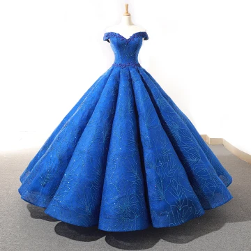 Haut De Gamme Bleu Roi Dansant Robe De Bal 2023 Robe Boule De L Épaule Manches Courtes Appliques En Dentelle Perlage Glitter Tulle Longue Volants Dos Nu