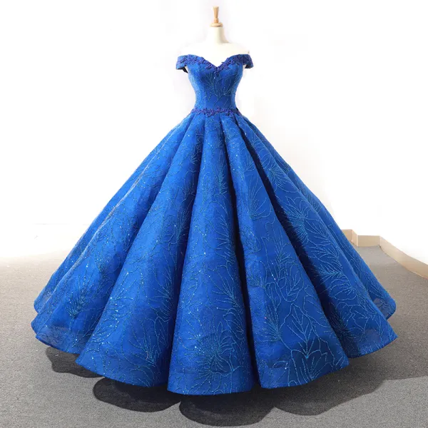 High-end Royal Blue Dancing Prom Dresses 2023 Ball Gown Off-The-Shoulder Short Sleeve Appliques Lace Beading Glitter Tulle Floor-Length / Long Ruffle Backless