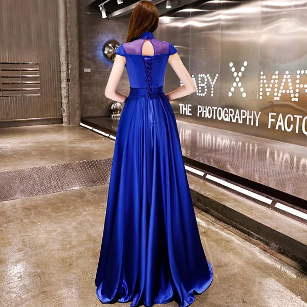Affordable Chinese style Royal Blue Satin Evening Dresses 2019 A-Line / Princess High Neck Cap Sleeves Appliques Embroidered Floor-Length / Long Ruffle Backless Formal Dresses