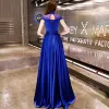 Affordable Chinese style Royal Blue Satin Evening Dresses  2019 A-Line / Princess High Neck Cap Sleeves Appliques Embroidered Floor-Length / Long Ruffle Backless Formal Dresses
