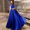 Affordable Chinese style Royal Blue Satin Evening Dresses  2019 A-Line / Princess High Neck Cap Sleeves Appliques Embroidered Floor-Length / Long Ruffle Backless Formal Dresses