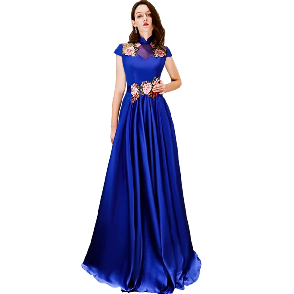 Affordable Chinese style Royal Blue Satin Evening Dresses 2019 A-Line / Princess High Neck Cap Sleeves Appliques Embroidered Floor-Length / Long