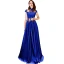 Affordable Chinese style Royal Blue Satin Evening Dresses  2019 A-Line / Princess High Neck Cap Sleeves Appliques Embroidered Floor-Length / Long Ruffle Backless Formal Dresses