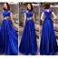 Affordable Chinese style Royal Blue Satin Evening Dresses  2019 A-Line / Princess High Neck Cap Sleeves Appliques Embroidered Floor-Length / Long Ruffle Backless Formal Dresses