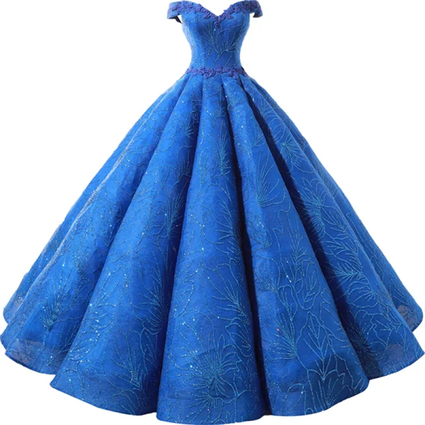 High-end Royal Blue Dancing Prom Dresses 2023 Ball Gown Off-The-Shoulder Short Sleeve Appliques Lace Beading Glitter Tulle Floor-Length / Long Ruffle Backless