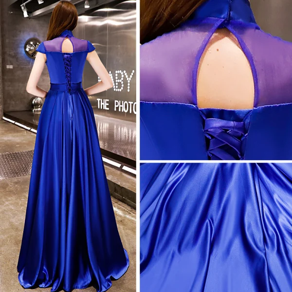 Affordable Chinese style Royal Blue Satin Evening Dresses 2019 A-Line / Princess High Neck Cap Sleeves Appliques Embroidered Floor-Length / Long Ruffle Backless Formal Dresses