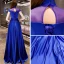 Affordable Chinese style Royal Blue Satin Evening Dresses  2019 A-Line / Princess High Neck Cap Sleeves Appliques Embroidered Floor-Length / Long Ruffle Backless Formal Dresses