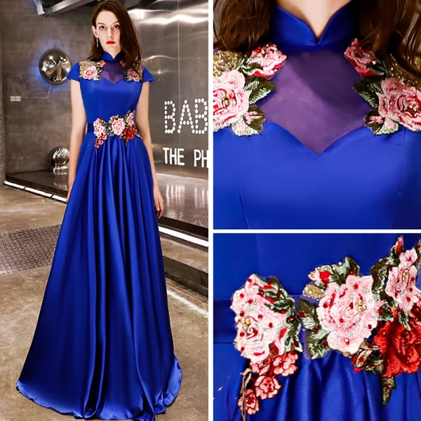 Affordable Chinese style Royal Blue Satin Evening Dresses 2019 A-Line / Princess High Neck Cap Sleeves Appliques Embroidered Floor-Length / Long Ruffle Backless Formal Dresses