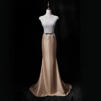 Vintage Originale Doré Robe De Soirée 2018 Trompette Sirène Encolure Dégagée Sans Manches Appliques En Dentelle Perle Noeud Ceinture Train De Balayage Volants Robe De Ceremonie