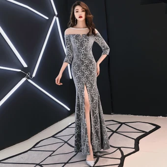 Abordable Gris Transparentes Robe De Soirée 2019 Trompette Sirène Encolure Dégagée 3 4 Manches Fendue Devant Longue Florale Robe De Ceremonie