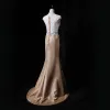 Vintage / Retro Gold Evening Dresses  2018 Trumpet / Mermaid Scoop Neck Sleeveless Appliques Lace Pearl Bow Sash Sweep Train Ruffle Formal Dresses