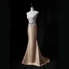 Vintage / Retro Gold Evening Dresses  2018 Trumpet / Mermaid Scoop Neck Sleeveless Appliques Lace Pearl Bow Sash Sweep Train Ruffle Formal Dresses