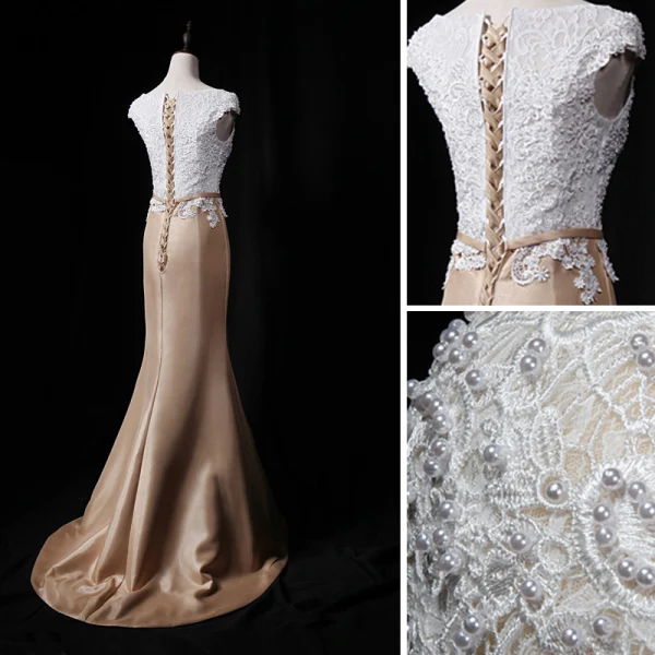 Vintage / Retro Gold Evening Dresses  2018 Trumpet / Mermaid Scoop Neck Sleeveless Appliques Lace Pearl Bow Sash Sweep Train Ruffle Formal Dresses