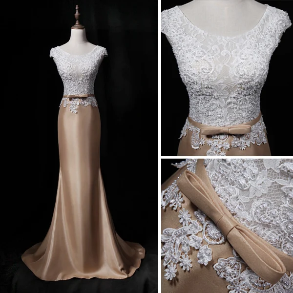 Vintage / Retro Gold Evening Dresses  2018 Trumpet / Mermaid Scoop Neck Sleeveless Appliques Lace Pearl Bow Sash Sweep Train Ruffle Formal Dresses