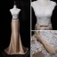 Vintage / Retro Gold Evening Dresses  2018 Trumpet / Mermaid Scoop Neck Sleeveless Appliques Lace Pearl Bow Sash Sweep Train Ruffle Formal Dresses