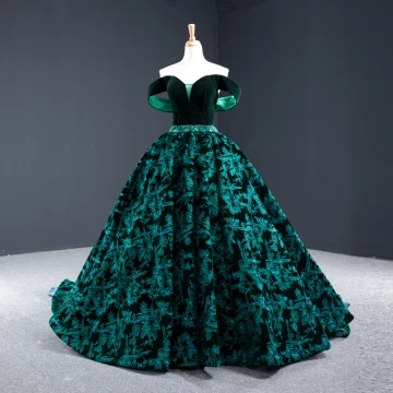 Luxury Gorgeous Dark Green Suede Evening Dresses 2020 Ball Gown Off The Shoulder Short Sleeve Flower Appliques Lace Beading Sash Court Train Ruffle Backless Formal Dresses