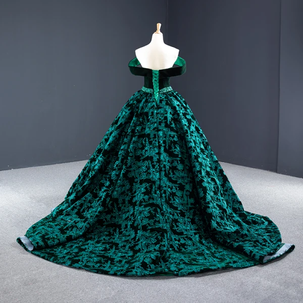 Luxury / Gorgeous Dark Green Suede Evening Dresses  2020 Ball Gown Off-The-Shoulder Short Sleeve Flower Appliques Lace Beading Sash Court Train Ruffle Backless Formal Dresses