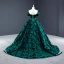 Luxury / Gorgeous Dark Green Suede Evening Dresses  2020 Ball Gown Off-The-Shoulder Short Sleeve Flower Appliques Lace Beading Sash Court Train Ruffle Backless Formal Dresses