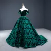 Luxury / Gorgeous Dark Green Suede Evening Dresses  2020 Ball Gown Off-The-Shoulder Short Sleeve Flower Appliques Lace Beading Sash Court Train Ruffle Backless Formal Dresses