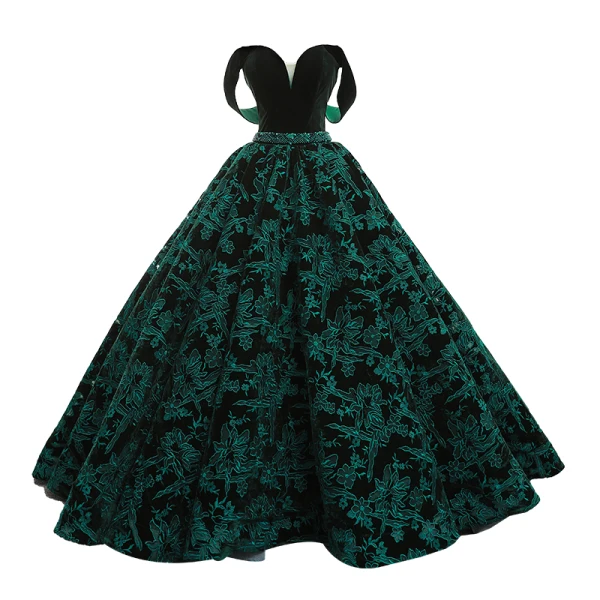 Luxury / Gorgeous Dark Green Suede Evening Dresses  2020 Ball Gown Off-The-Shoulder Short Sleeve Flower Appliques Lace Beading Sash Court Train Ruffle Backless Formal Dresses