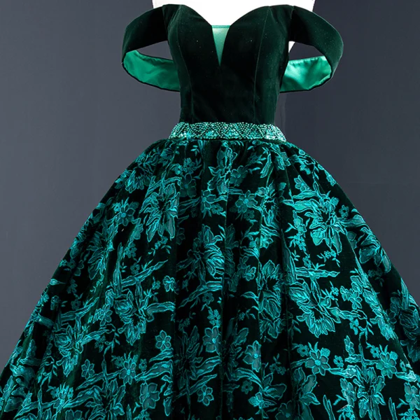 Luxury / Gorgeous Dark Green Suede Evening Dresses  2020 Ball Gown Off-The-Shoulder Short Sleeve Flower Appliques Lace Beading Sash Court Train Ruffle Backless Formal Dresses