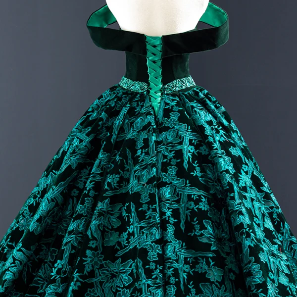Luxury / Gorgeous Dark Green Suede Evening Dresses  2020 Ball Gown Off-The-Shoulder Short Sleeve Flower Appliques Lace Beading Sash Court Train Ruffle Backless Formal Dresses