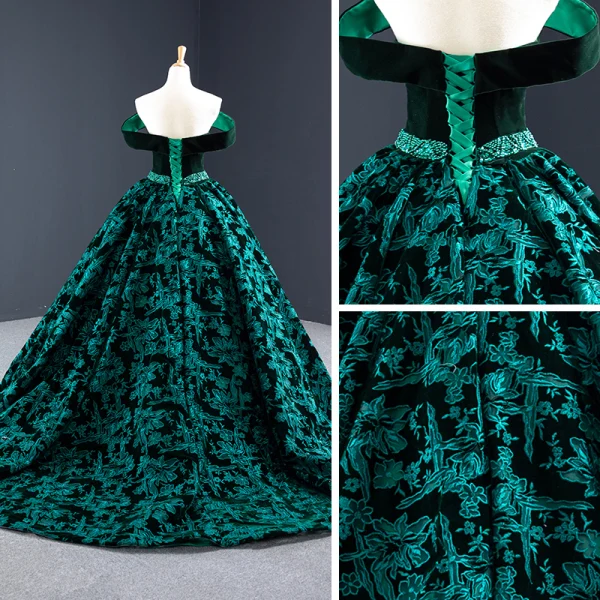Luxury / Gorgeous Dark Green Suede Evening Dresses  2020 Ball Gown Off-The-Shoulder Short Sleeve Flower Appliques Lace Beading Sash Court Train Ruffle Backless Formal Dresses