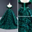 Luxury / Gorgeous Dark Green Suede Evening Dresses  2020 Ball Gown Off-The-Shoulder Short Sleeve Flower Appliques Lace Beading Sash Court Train Ruffle Backless Formal Dresses