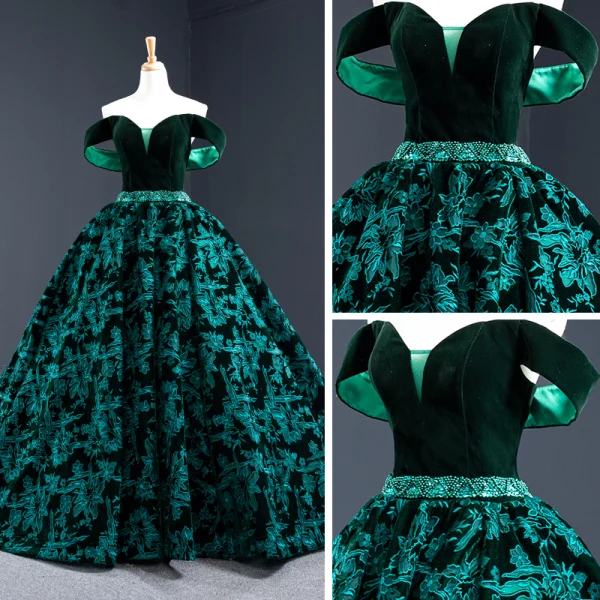 Luxury / Gorgeous Dark Green Suede Evening Dresses  2020 Ball Gown Off-The-Shoulder Short Sleeve Flower Appliques Lace Beading Sash Court Train Ruffle Backless Formal Dresses