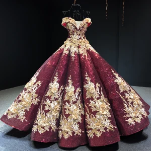 Sparkly Burgundy Sequins Dancing Prom Dresses 2023 Ball Gown Off The Shoulder Short Sleeve Appliques Flower Beading Floor Length Long Ruffle Backless