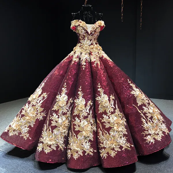 Sparkly Burgundy Sequins Dancing Prom Dresses 2023 Ball Gown Off-The-Shoulder Short Sleeve Appliques Flower Beading Floor-Length / Long Ruffle Backless