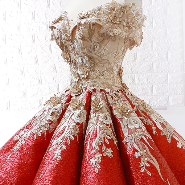 Sparkly Burgundy Sequins Dancing Prom Dresses 2023 Ball Gown Off-The-Shoulder Short Sleeve Appliques Flower Beading Floor-Length / Long Ruffle Backless