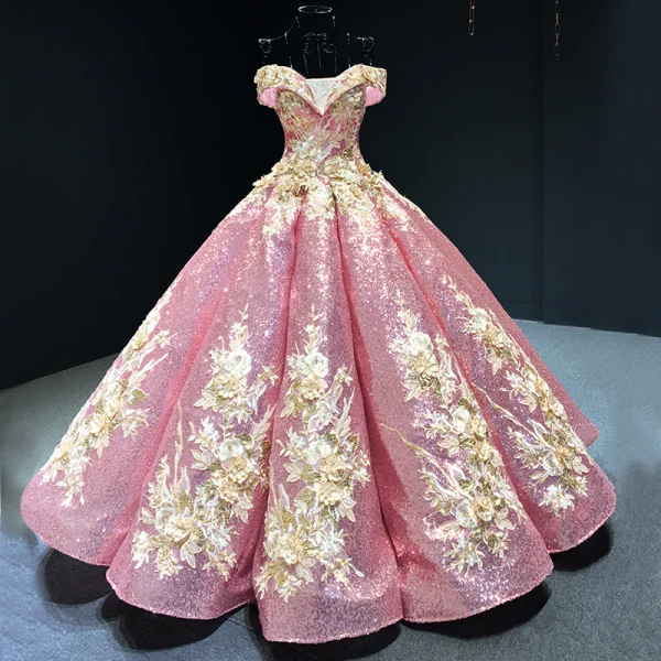 Sparkly Burgundy Sequins Dancing Prom Dresses 2023 Ball Gown Off-The-Shoulder Short Sleeve Appliques Flower Beading Floor-Length / Long Ruffle Backless