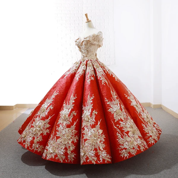 Sparkly Burgundy Sequins Dancing Prom Dresses 2023 Ball Gown Off-The-Shoulder Short Sleeve Appliques Flower Beading Floor-Length / Long Ruffle Backless