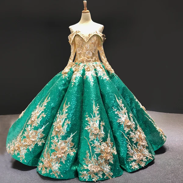 Sparkly Burgundy Sequins Dancing Prom Dresses 2023 Ball Gown Off-The-Shoulder Short Sleeve Appliques Flower Beading Floor-Length / Long Ruffle Backless