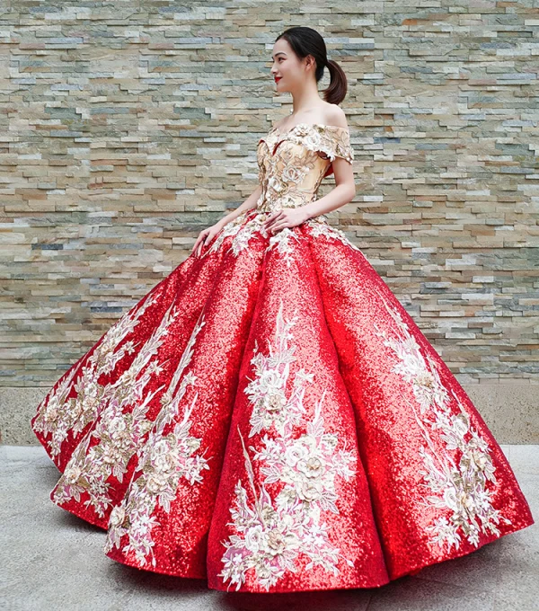 Sparkly Burgundy Sequins Dancing Prom Dresses 2023 Ball Gown Off-The-Shoulder Short Sleeve Appliques Flower Beading Floor-Length / Long Ruffle Backless