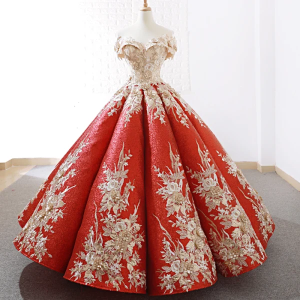 Sparkly Burgundy Sequins Dancing Prom Dresses 2023 Ball Gown Off-The-Shoulder Short Sleeve Appliques Flower Beading Floor-Length / Long Ruffle Backless