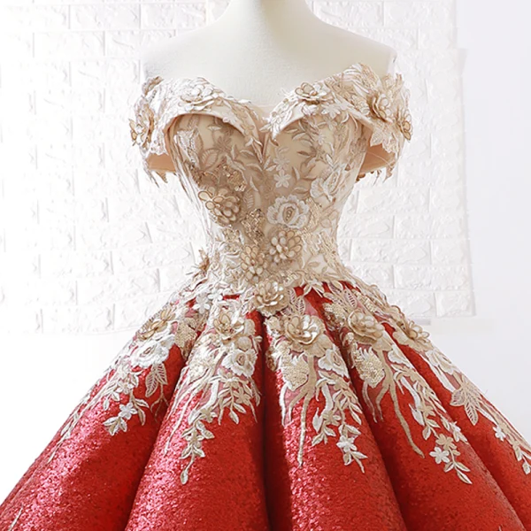 Sparkly Burgundy Sequins Dancing Prom Dresses 2023 Ball Gown Off-The-Shoulder Short Sleeve Appliques Flower Beading Floor-Length / Long Ruffle Backless