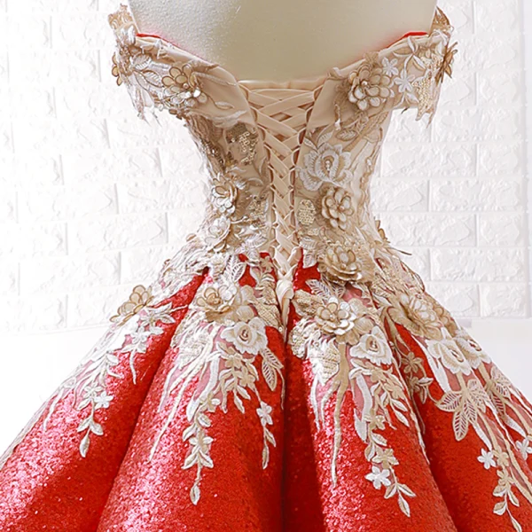 Sparkly Burgundy Sequins Dancing Prom Dresses 2023 Ball Gown Off-The-Shoulder Short Sleeve Appliques Flower Beading Floor-Length / Long Ruffle Backless