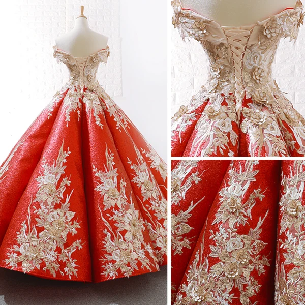 Sparkly Burgundy Sequins Dancing Prom Dresses 2023 Ball Gown Off-The-Shoulder Short Sleeve Appliques Flower Beading Floor-Length / Long Ruffle Backless