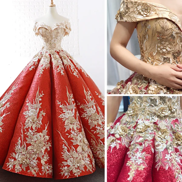 Sparkly Burgundy Sequins Dancing Prom Dresses 2023 Ball Gown Off-The-Shoulder Short Sleeve Appliques Flower Beading Floor-Length / Long Ruffle Backless
