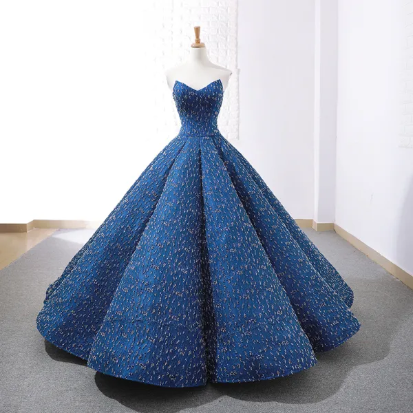 Luxury / Gorgeous Royal Blue Dancing Prom Dresses 2023 Ball Gown Sweetheart Sleeveless Beading Floor-Length / Long Ruffle Backless Formal Dresses