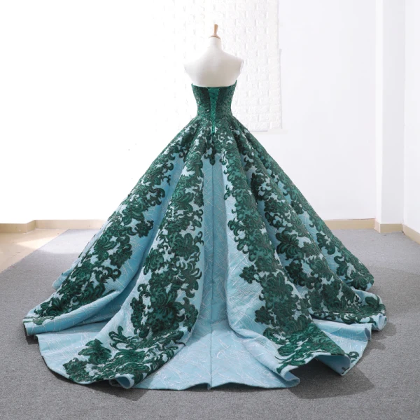Luxury / Gorgeous Dark Green Red Carpet Evening Dresses 2023 Ball Gown Strapless Sleeveless Appliques Lace Sequins Sweep Train Ruffle Backless Formal Dresses