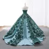 Luxury / Gorgeous Dark Green Red Carpet Evening Dresses  2023 Ball Gown Strapless Sleeveless Appliques Lace Sequins Sweep Train Ruffle Backless Formal Dresses
